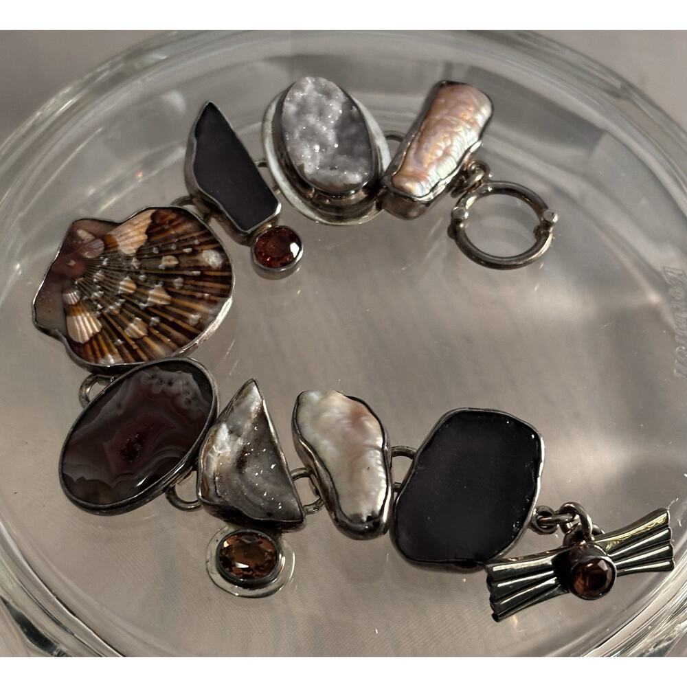 Echo Of The Dreamer Sterling/Pearl/Shell/Druzy/Glass/Tourmaline/Agate BRACELET - Picture 8 of 9